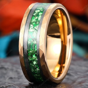 Crushed Emerald Mens Rose Gold Ring, Hammered Tungsten Wedding Band, Mens Tungsten Band, May Birthstone Ring, Statement Ring, 8mm Wide Band