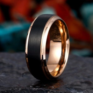 Mens Tungsten Wedding Band, 8mm Black Tungsten Ring, Brushed Tungsten Ring For Him, Polished Rose Gold Band, Comfort fit Band, Promise Ring