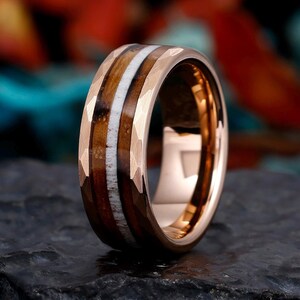 Hammered Rose Gold Ring, Tungsten Mens Ring, Hammered Wedding Band, Mens Wood Wedding Ring, Man Ring, 8mm Wide Band Ring, Gift for Him