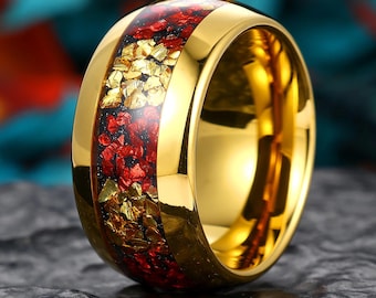 12mm Polished Mens Gold Band, Crushed Ruby&Citrine Mens Tungsten Gold Band, Mens Engagement Ring, Comfort Fit Band, His Promise bridal Ring