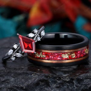 Vintage Kite Cut Garnet Couples Ring Set Black Gold His and Hers Wedding Band Mens Tungsten Ruby Ring Promise Ring For Men For Women