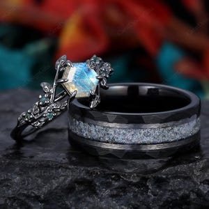 Hexagon Cut Labradorite Couple Ring Set His and Hers Wedding Ring Crushed Labradorite Mens Tungsten Ring Promise Ring For Men and Women