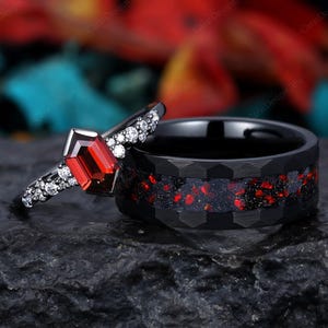 Red Garnet Couples Ring Black Gold Matching Ring Set Unique His and Hers Wedding Band Promise Rings For Men For Women Natural Garnet Ring