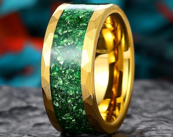 Hammered 10mm Crushed Emerald Mens Gold Ring,Tungsten Wedding Gold Band, Mens Tungsten Band, May Birthstone Ring, Statement Ring