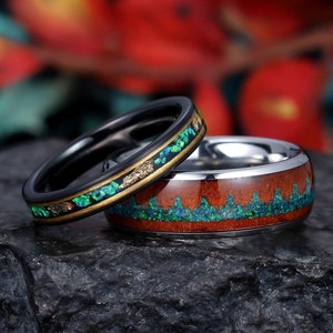 Couples Ring Set , Mens Green Opal Wedding Band, Wood Band, Black Tungsten Womens Ring, 8mm & 4mm Band, Anniversary Gift For Her/ Him