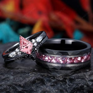 Vintage Kite cut Pink Sapphire Ring Set Black Gold His and Hers Wedding Band Unique Couples Ring Pink Gem Couple Matching Promise Rings