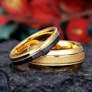 2 Stück Gelbgold Wolframring für Sie und Ihn, Wolframring für Männer und Frauen, 4 mm / 8 mm Gelbgold-Wolframband