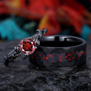 Art Deco Round cut Red Garnet Couples Ring Black Tungsten Mens Band Fired Red Opal Mens Band Natural Inspired Womens Ring Couples Ring Set