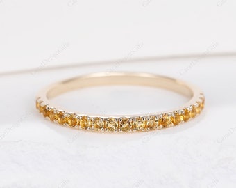 Solid 14K Yellow Gold Ring,Natural  Citrine Wedding Ring,Half Eternity Wedding Band,Delicate Gemstone Ring,Ring For Women,Birthday Gift