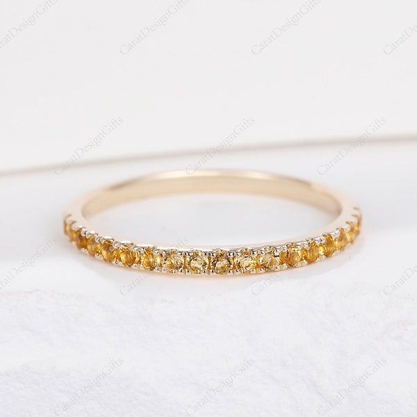 Solid 14K Yellow Gold Ring,Natural  Citrine Wedding Ring,Half Eternity Wedding Band,Delicate Gemstone Ring,Ring For Women,Birthday Gift
