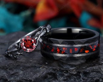 Naturlig röd granat parringar set för honom och henne matchande vigselring svart volfram unika löfteringar herrring med röd opal 8 mm ring