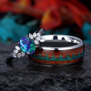 Unique Oval Peacock Green Opal Couples Ring Set, His and Hers Wedding Band, Mens Green Opal Wood Ring,Women Ring Green and Black Rings