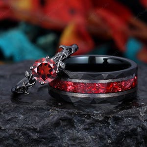 Antique Couples ring set Round cut Garnet Womens Bridal Ring Black gold matching promise rings Mens Black tungsten Ruby ring Gift for Lover
