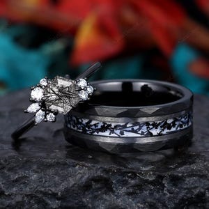 Hexagon cut Black Rutilated Quartz couples ring set Black gold matching promise ring vintage His and Hers ring Mens black Tungsten ring
