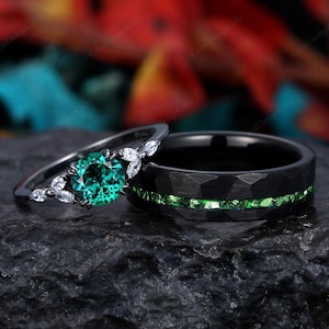 Emerald Couples Ring Set,His and Hers Matching Wedding Bands,Black Tungsten Mens Band,Natural Inspired Promise Ring,Gift for Couples