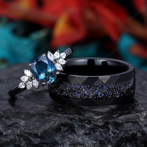 Oval Cut Blue Topaz Womens Ring,Couples Ring Set,Black Ring His and Hers Wedding Band, Mens Tungsten Blue Opal Ring,Outer Space Ring