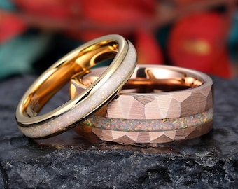 Mens and Womens Crushed Opal Ring, Brushed Rose Gold Tungsten Ring, Couples Ring Set, 8mm & 4mm Comfort Fit Band, Anniversary Gift