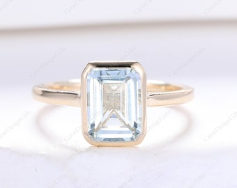 Handmade Ring,Emerald Cut 6x8mm Aquamarine Ring,Bezel Set Wedding Ring,Engagement Ring,Antique Stack Ring,14K Solid Rose Gold Ring