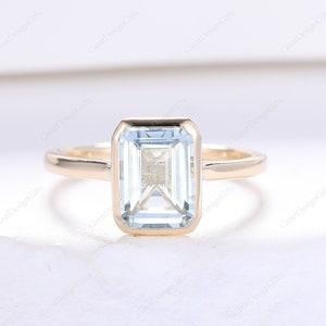 Handmade Ring,Emerald Cut 6x8mm Aquamarine Ring,Bezel Set Wedding Ring,Engagement Ring,Antique Stack Ring,14K Solid Rose Gold Ring
