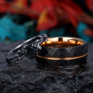 His and Hers Wedding Ring, Round Black Onyx Womens Ring, Black Gold Couples Ring Set, Hammered Stacking Mens Band, Anniversary Gift