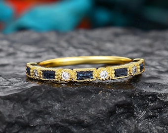 Baguette alternating blue sapphire& Moissanite wedding Ring,Vintage stackable matching band,Half eternity Yellow gold band,Gift for her
