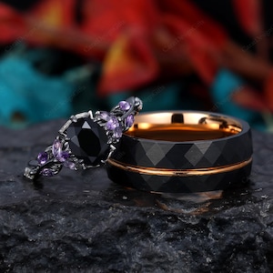 Black Ring Couples Ring Set, Oval black onyx His and Hers wedding band Mens hammered band Anniversary gift for him and hers