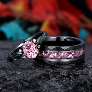Oval cut Pink gem couples ring set black gold bridal promise ring vintage His and Hers wedding band Mens pink sapphire ring anniversary gift