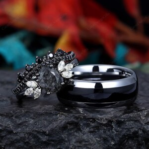 Men And Womens Couples Ring Set,Black Tungsten Mens Ring 8mm,Oval Black Rutilated Quartz Womens Engagement Ring Set,Black Ring For Him/Her