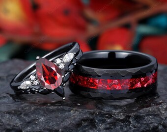 Päronskuren röd granat parring set Vintage svart volfram herr rubin ring hans och henne vigselring löfte ring för män och kvinnor