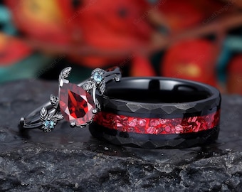 Vintage Leaf Red Garnet Womens Ring, Black Tungsten Ring, 8mm Crushed Ruby Mens Ring, 2pcs Couples Ring Set, Engagement Ring For Men/Women