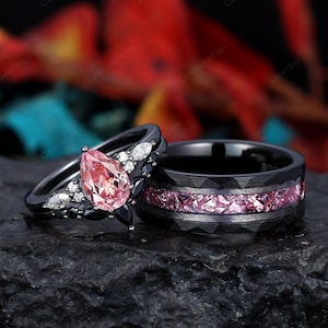 3pcs Pink Sapphire couples Ring Set Black Gold His and Hers Wedding Band Mens Tungsten Ring Pear cut Pink sapphire Bridal Set