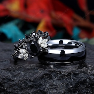 Black Onyx Couples Ring Set,Tungsten Mens Ring, Black Onyx Wedding Ring Set,Womens Black Ring, Anniversary Gift,Black Gold His And Her Ring