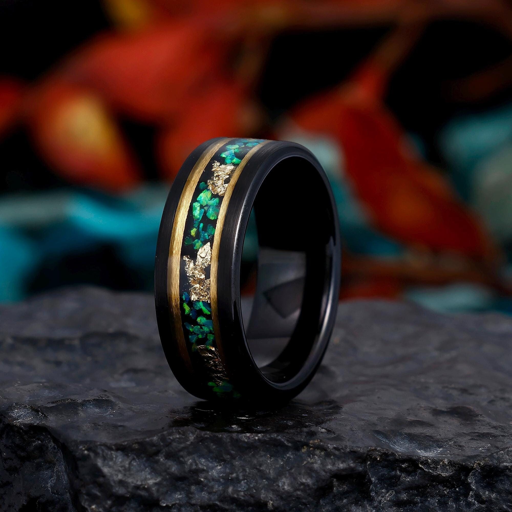 Herrenring Grüner Opal Wolframgoldring, Ehering Geschenk für Ihn, Wolframcarbid Herrenring, Comfort Fit 8 mm Herrenring