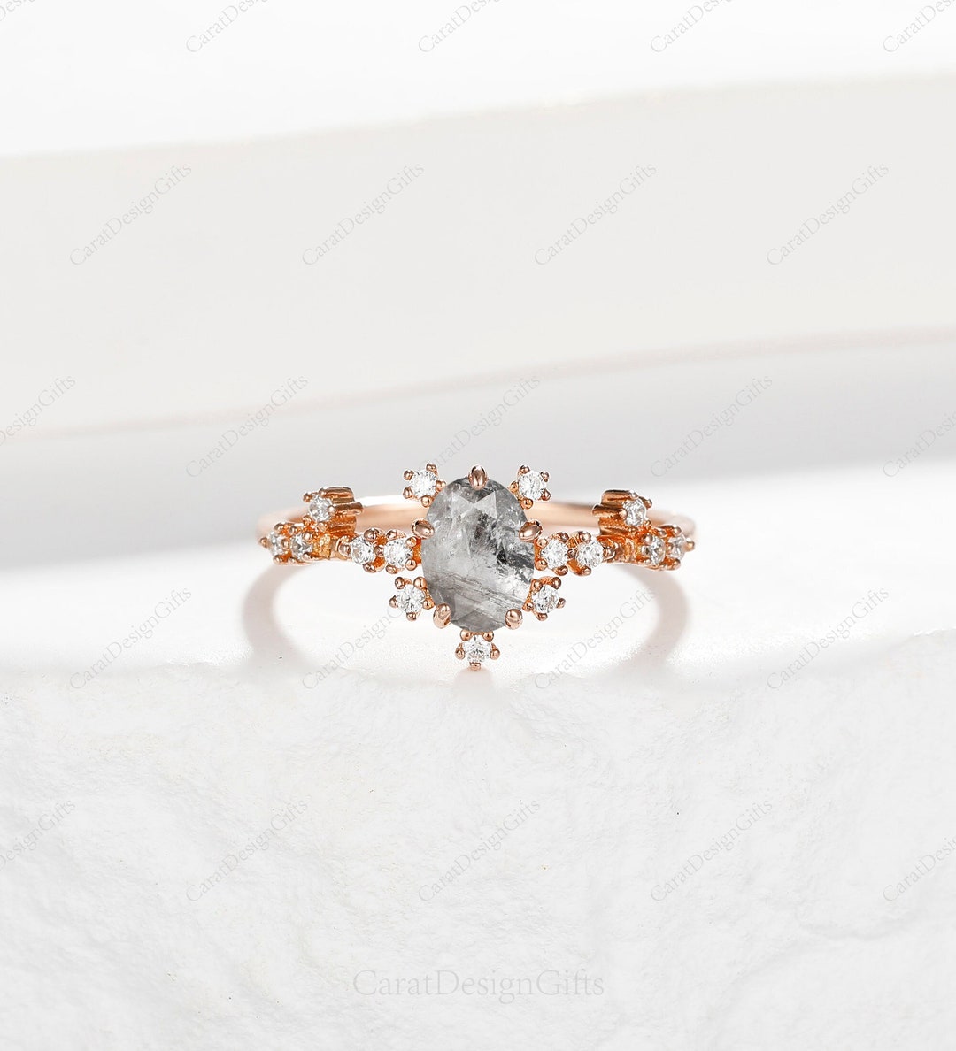 Elegant Oval Salt and Pepper Diamond Bridal Ring,raw Diamond Crystal