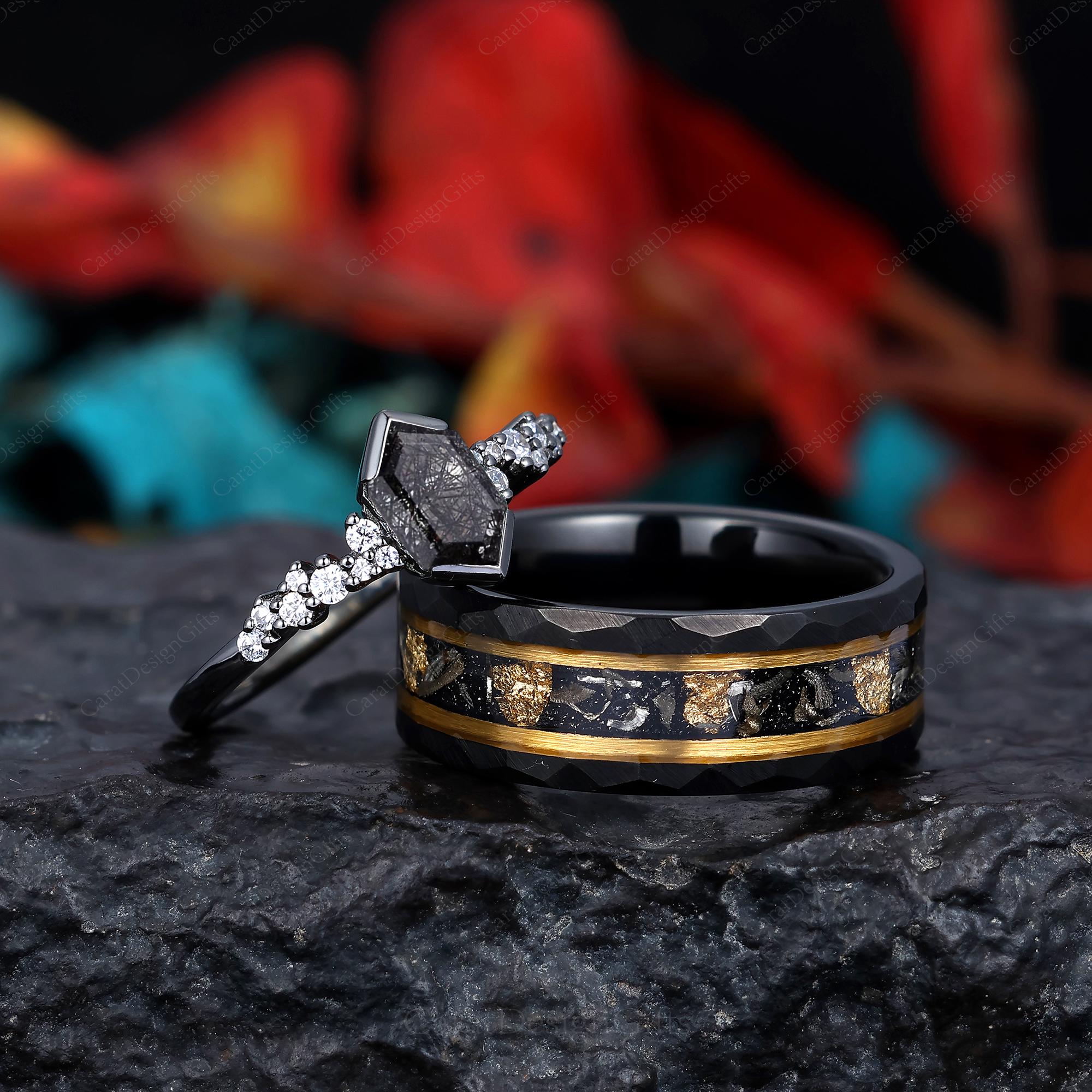 Delicate Black Rutilated Quartz Couples Ring Hexagon Cut Black Gem