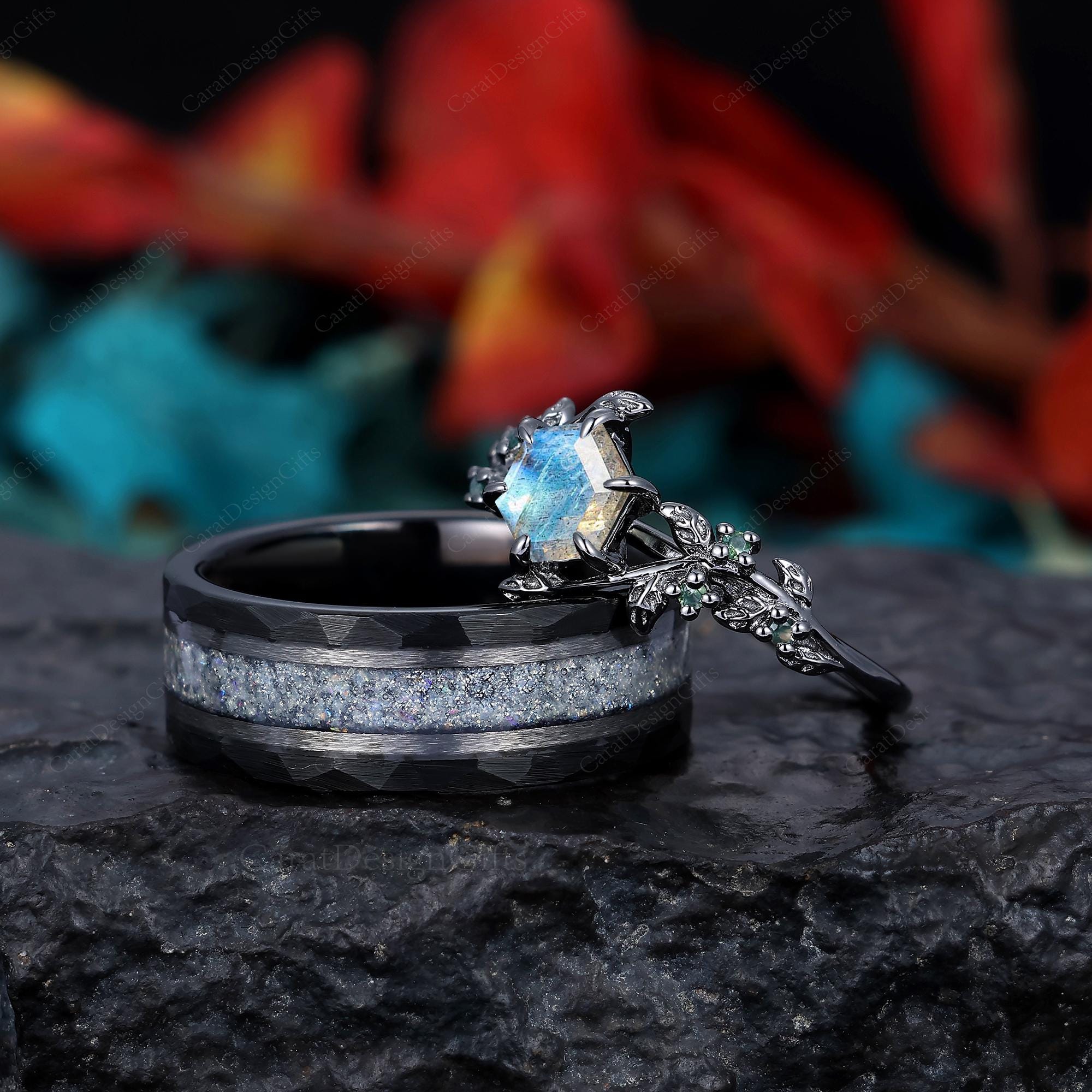 Hexagon Cut Labradorite Couple Ring Set His and Hers Wedding Ring