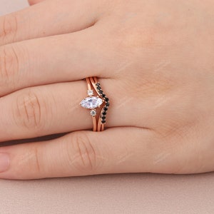 Bridal Set,4x8mm Marquise Cut Moissanite Engagement Ring Set,2pcs Rings,Curved Wedding Band Ring,Black Gem Wedding Ring,Solid Rose Gold Ring image 7