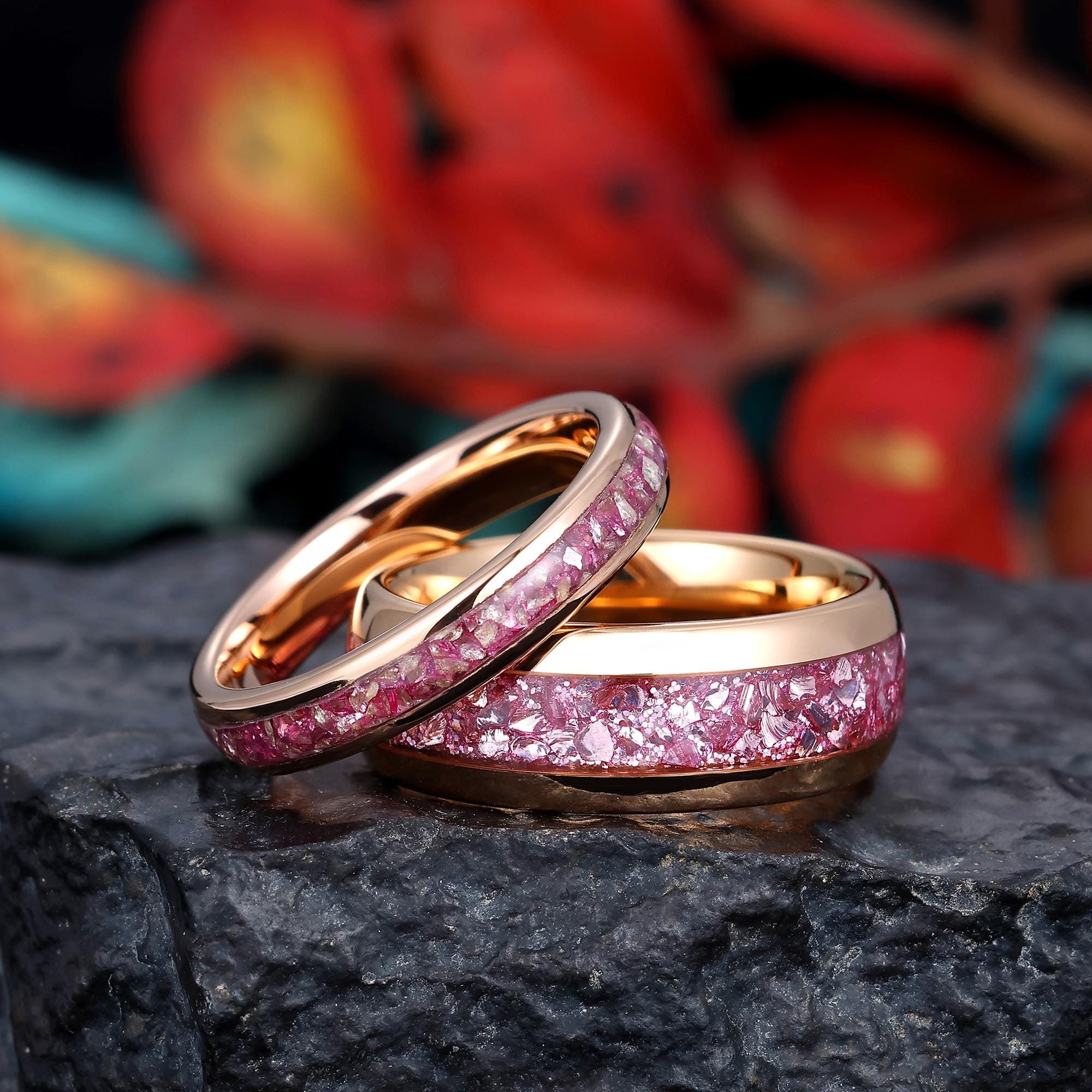 2pcs Couples Ring Set, Crushed Pink Sapphire Tungsten Ring, Mens Womens Wedding Band, Rose Gold Polish Ring, Comfort Fit 8mm/ 4mm Band