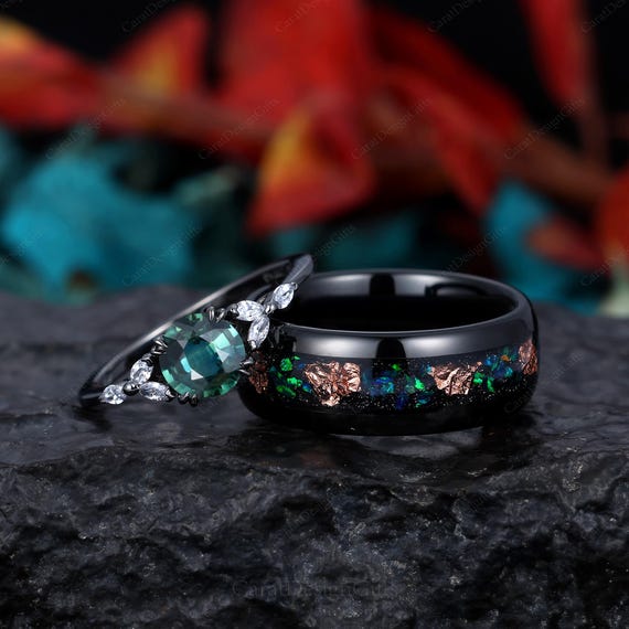 Anillo de pareja de zafiro azul verdoso de corte redondo, juego de