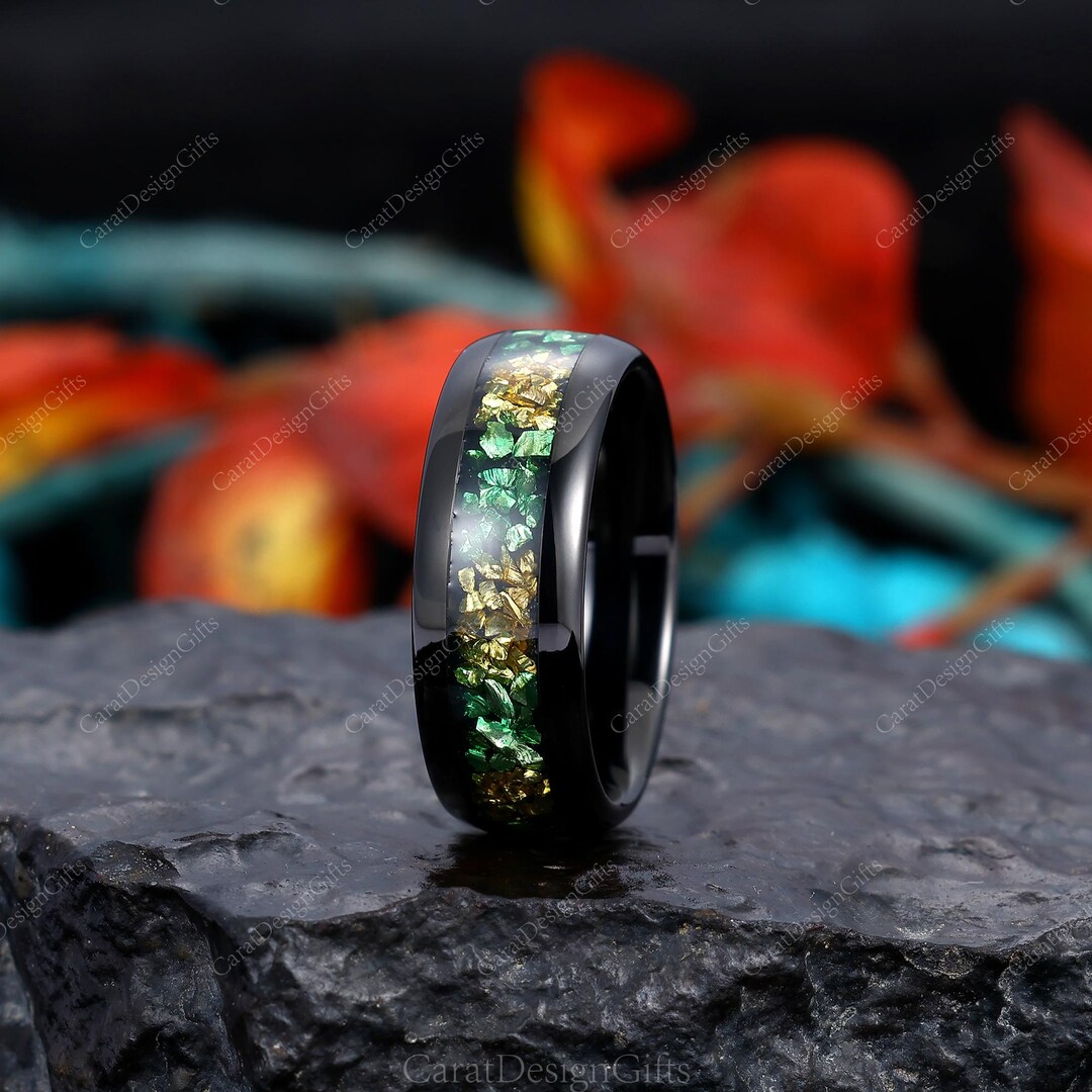 Citrine&emerald Black Tungsten Ring, Mens Wedding Band, Crushed ...