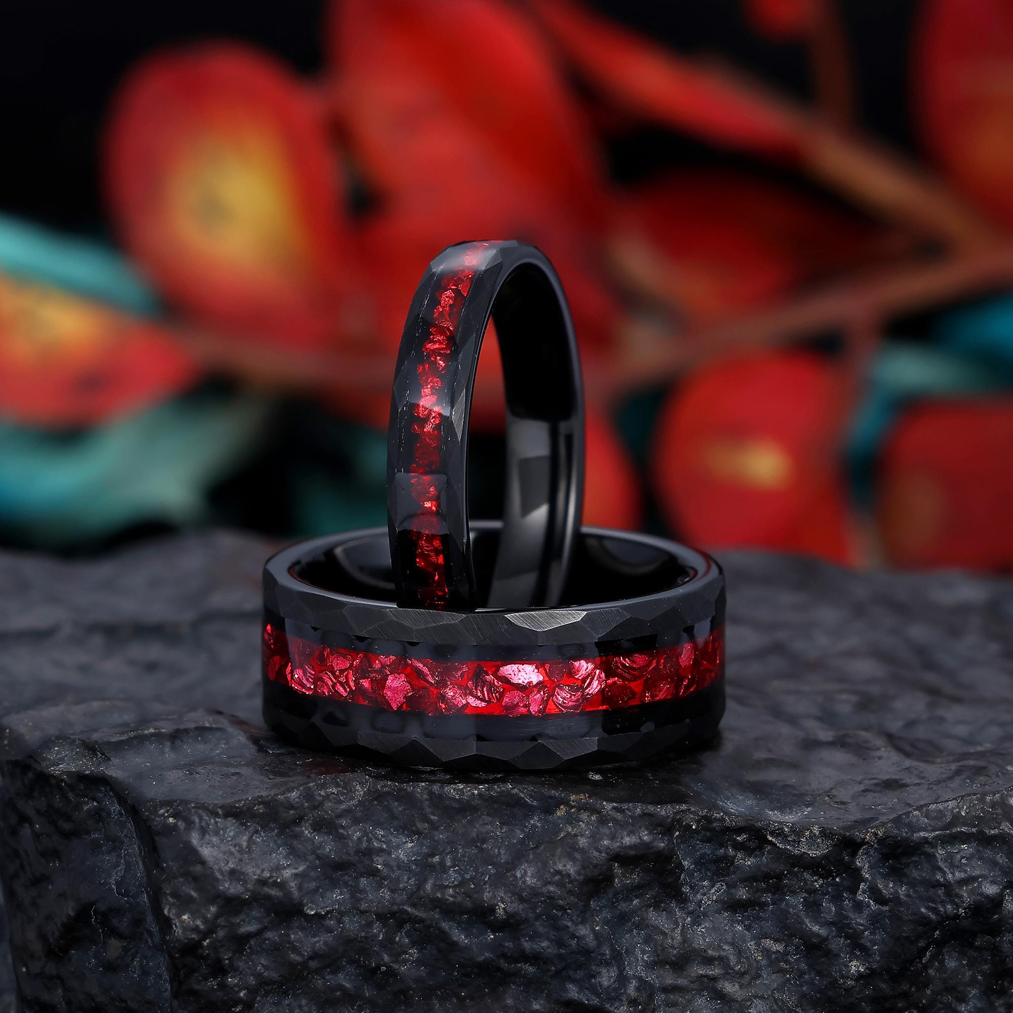 Couples Ring Set Black Tungsten Ring, Crushed Ruby Mens&womes Ring, His ...