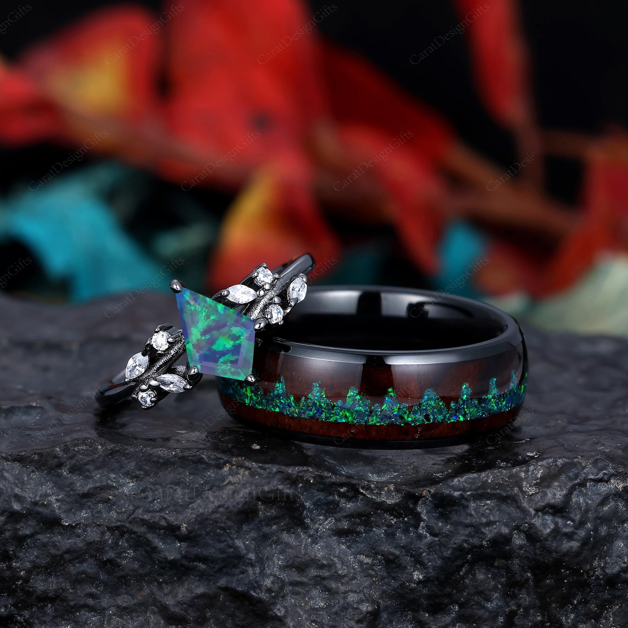 Kite Cut Green Opal Couples Ring Set Twig Leaf Ring for Women