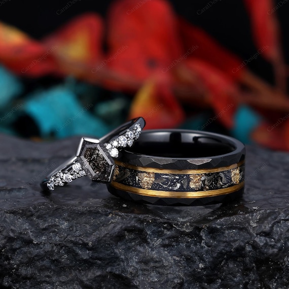 Delicate Black Rutilated Quartz Couples Ring Hexagon Cut Black Gem