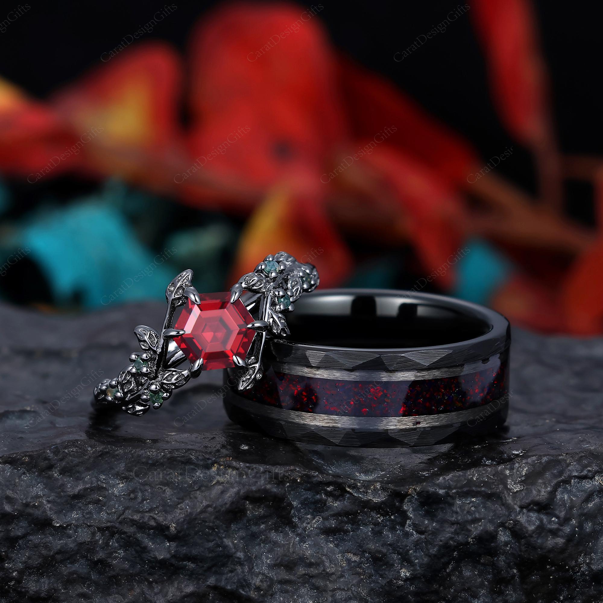 His and Hers Black Fire Red Opal Ring Set,couples Wedding Ring