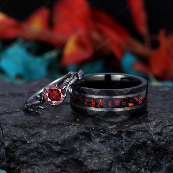 Natural Red Garnet Couples Ring Set His and Hers Matching Wedding