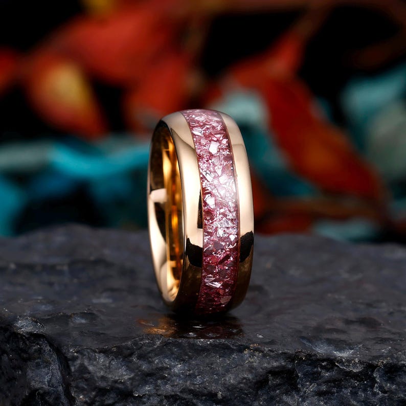 Pink Sapphire Tungsten Ring, Mens Wedding Band, Rose Gold Wedding Ring
