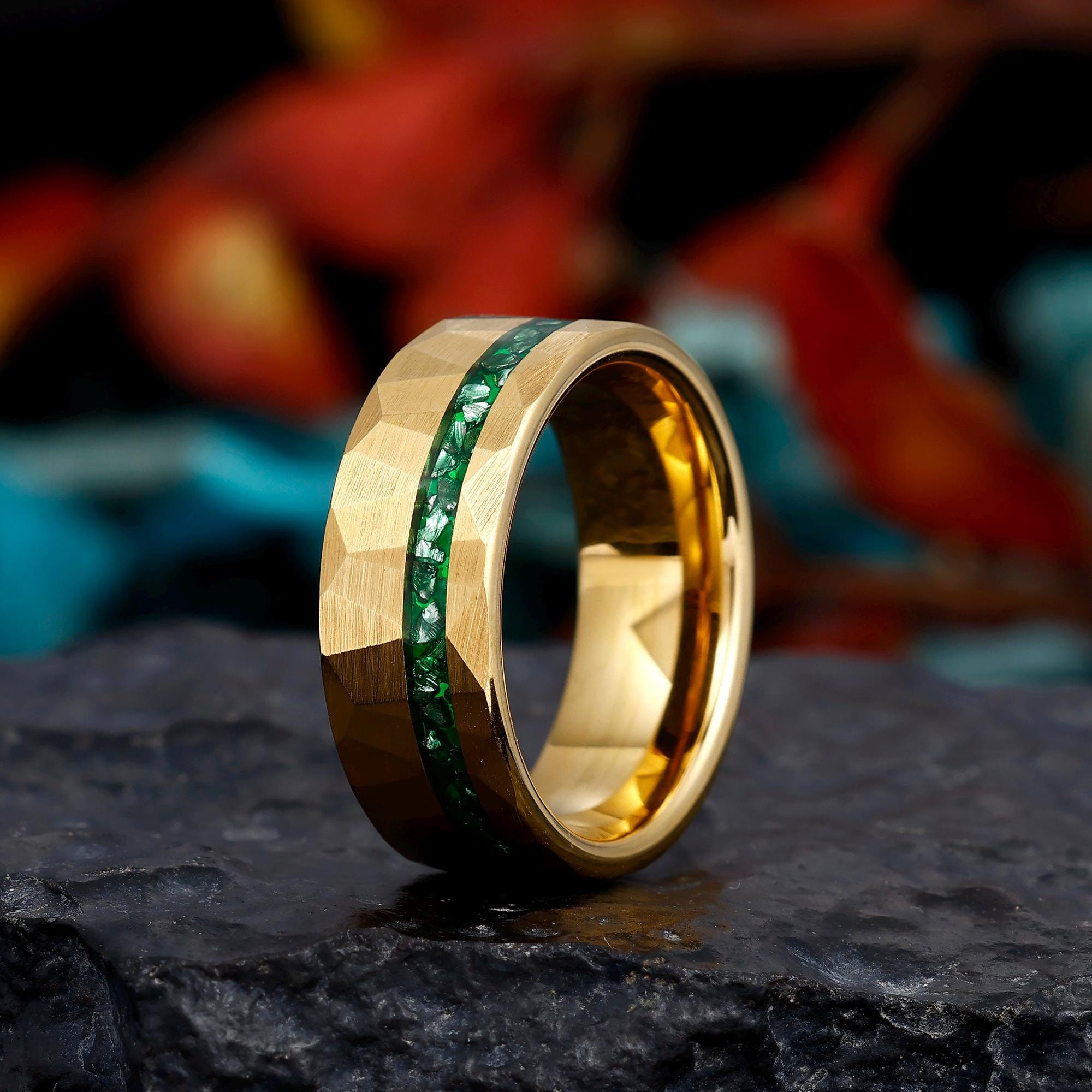 Hammered Gold Emerald Ring, Men Wedding Band, Crushed Green Gem