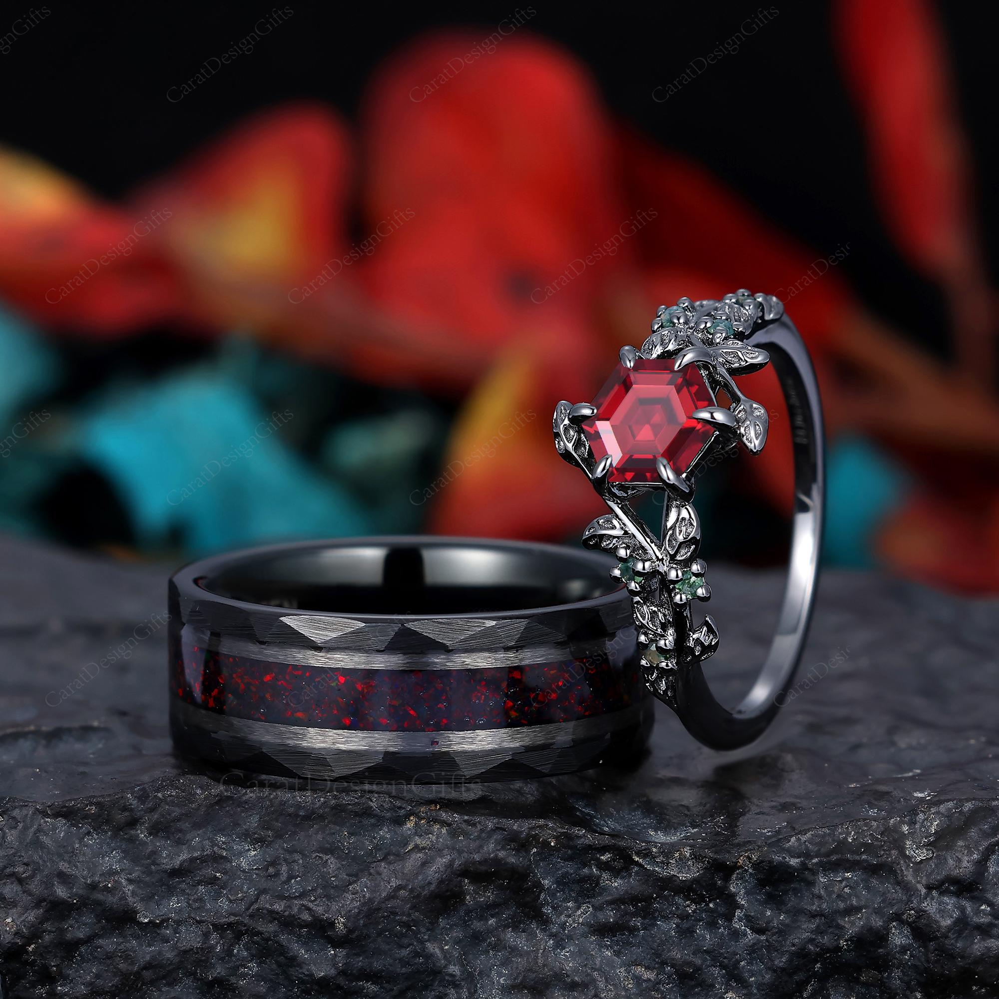 His and Hers Black Fire Red Opal Ring Set,couples Wedding Ring