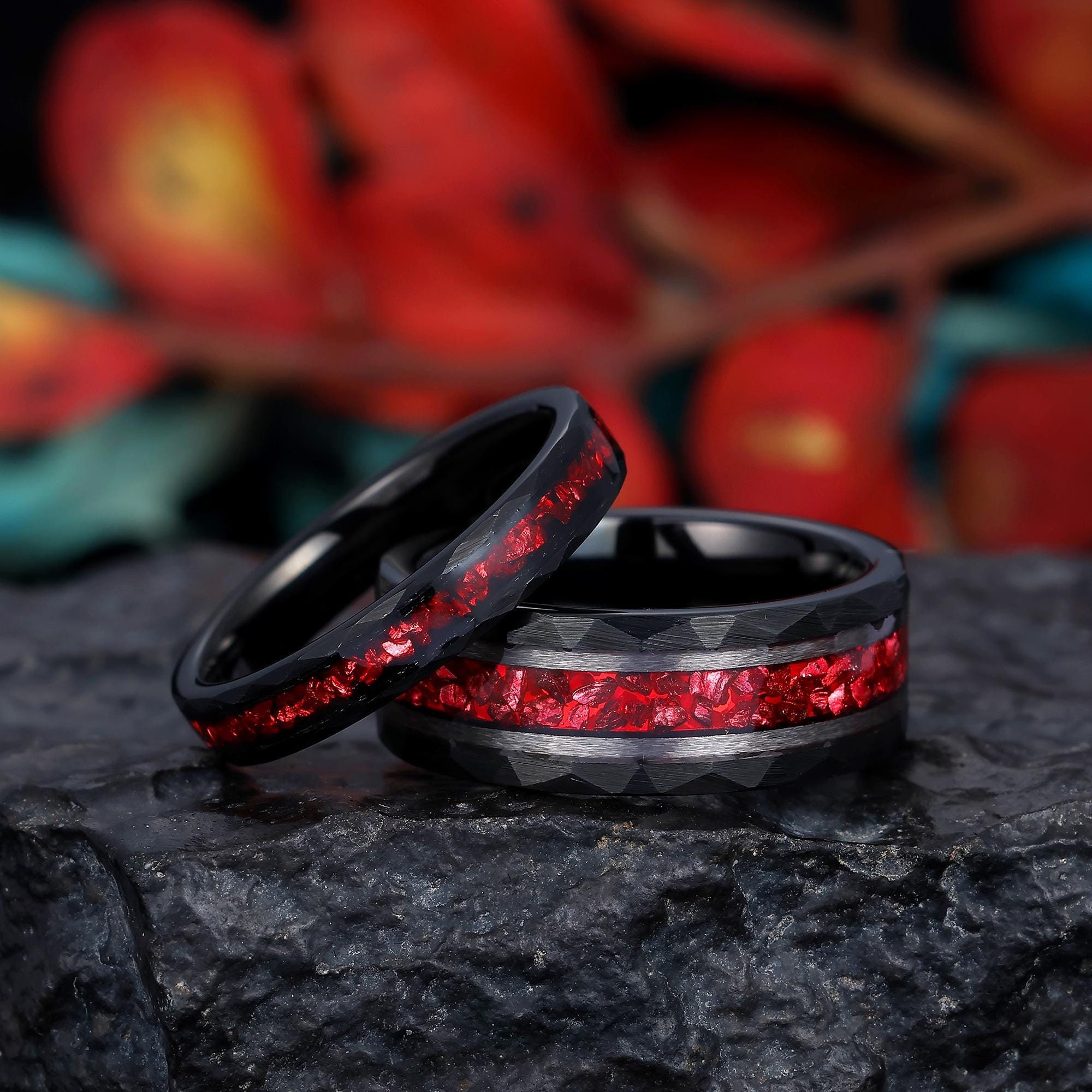 Crushed Ruby Couples Ring Set, His And Her Hammered Black Tungsten Ring, Mens Wedding Band, Anniversary Gift For Him/Her, 4mm & 8mm Band