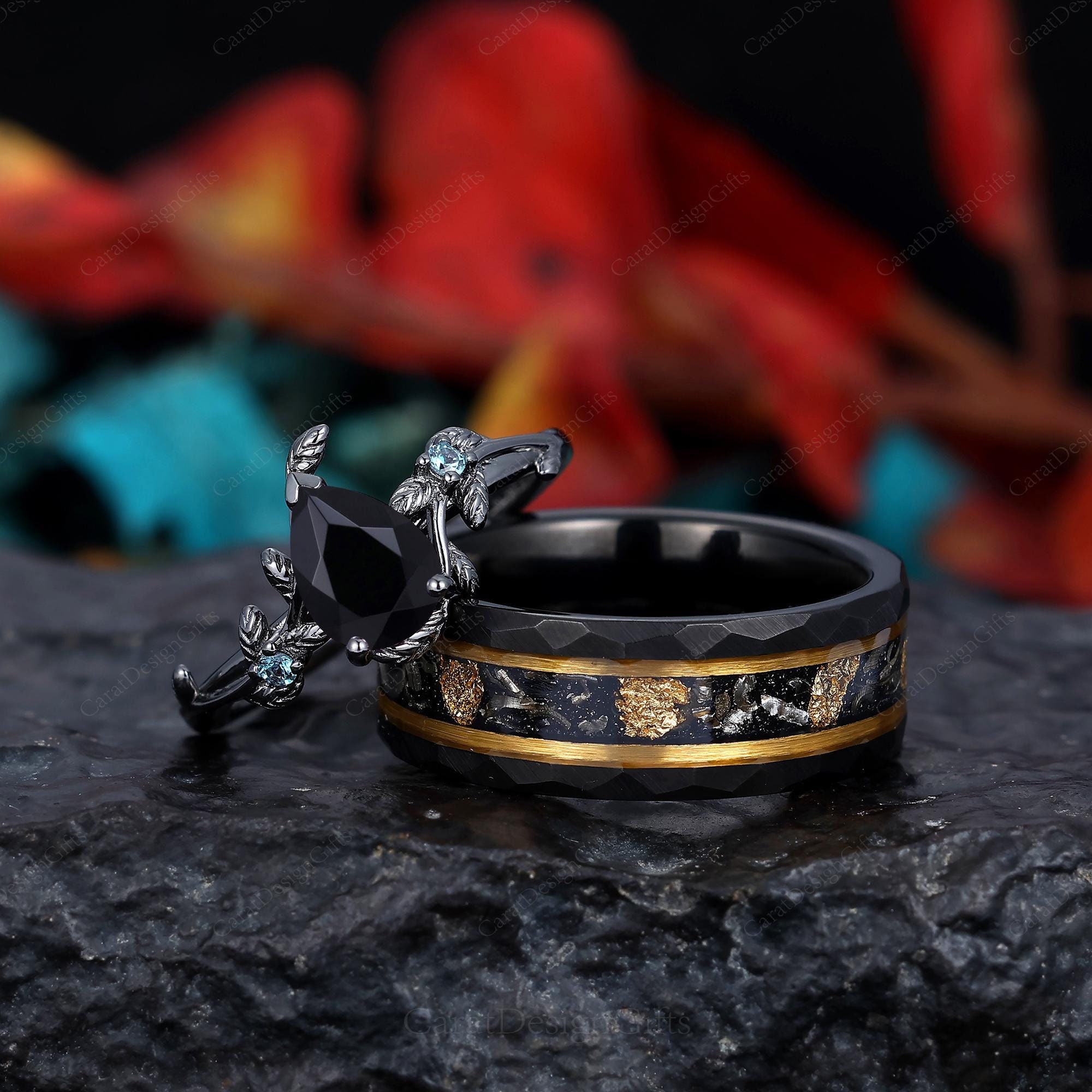Pear Cut Black Onyx Couples Ring Black Tungsten Matching Ring Set